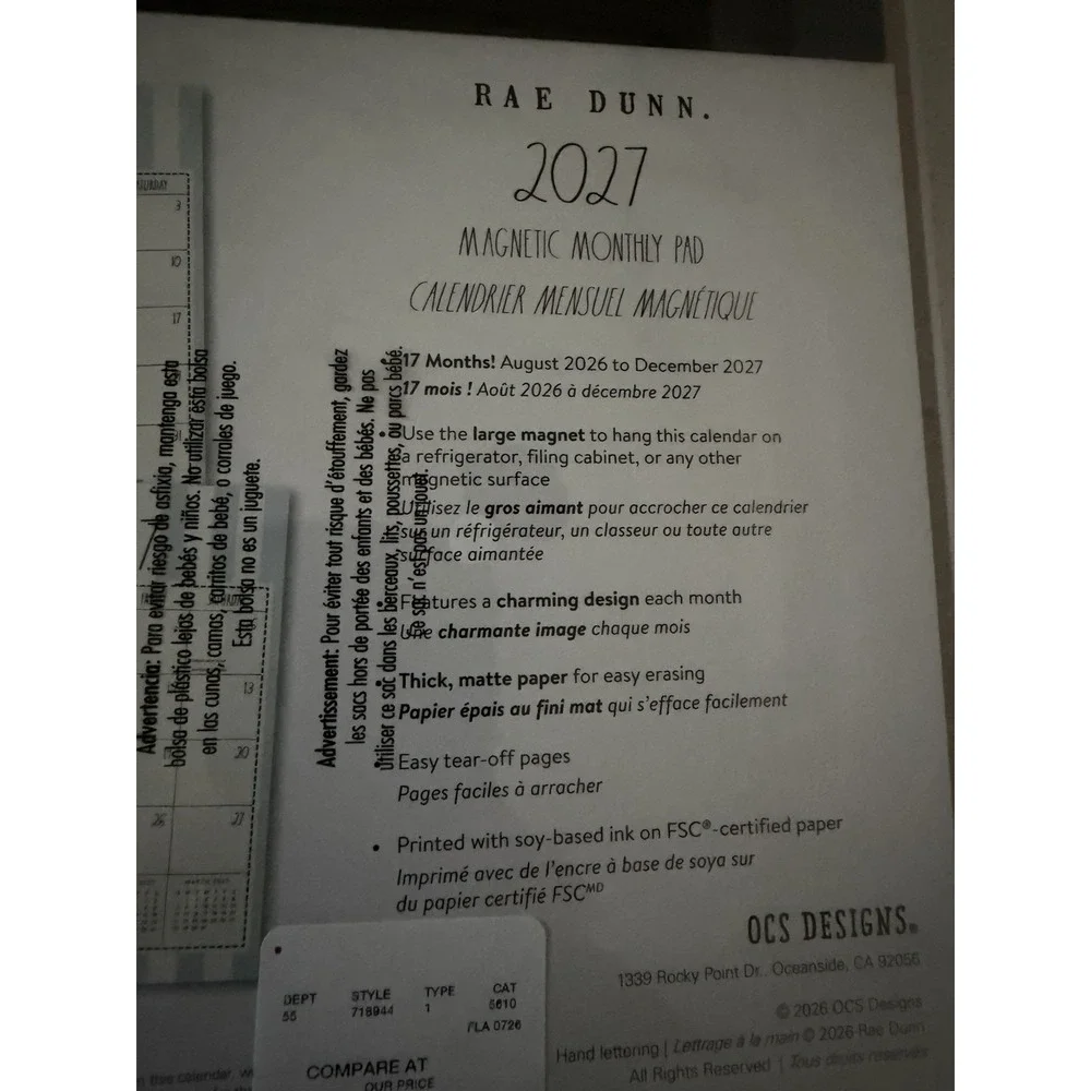 📆 Brand NEW w/Tags Rae Dunn 17 Month Magnetic Monthly Pad Aug 2026-Dec 2027